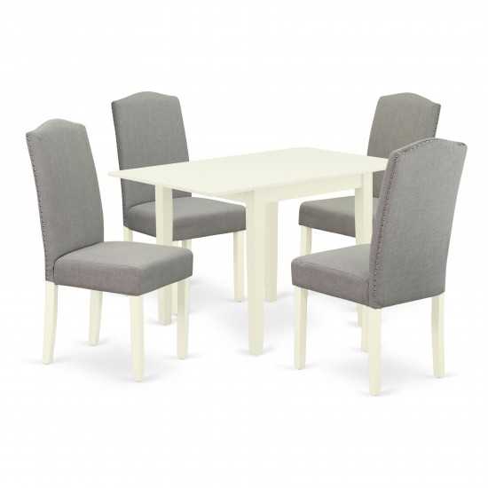 Dinette Set 5 Pcs, Four Kitchen Chairs, Dinner Table, Linen White Finish Hardwood, Shitake Color