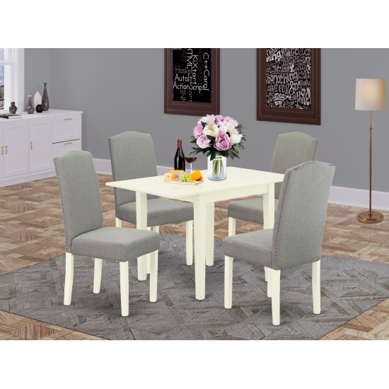 Dinette Set 5 Pcs, Four Kitchen Chairs, Dinner Table, Linen White Finish Hardwood, Shitake Color