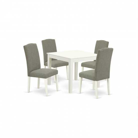 5Pc Square 36" Table And Four Parson Chair, White Leg And Fabric Dark Shitake
