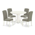 5Pc Rounded 42" Dining Table, Four Parson Chair, Linen White Leg, Dark Shitake