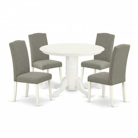 5Pc Rounded 42" Dining Table, Four Parson Chair, Linen White Leg, Dark Shitake