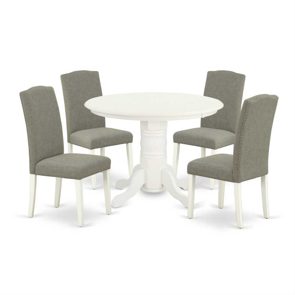 5Pc Rounded 42" Dining Table, Four Parson Chair, Linen White Leg, Dark Shitake