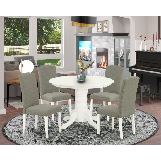 5Pc Rounded 42" Dining Table, Four Parson Chair, Linen White Leg, Dark Shitake