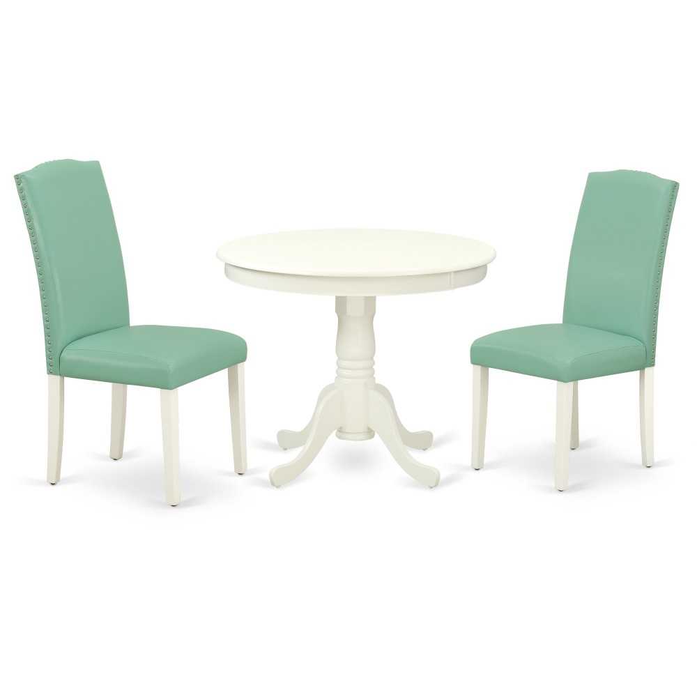 3Pc Rounded 36" Dining Table, 2 Parson Chair, White Leg, Pu Leather Color Pond