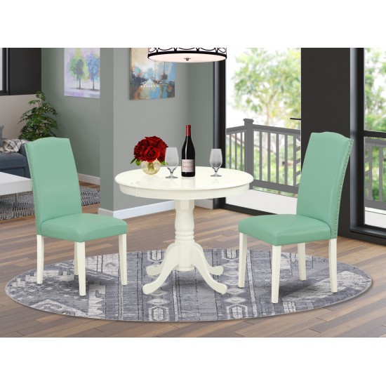 3Pc Rounded 36" Dining Table, 2 Parson Chair, White Leg, Pu Leather Color Pond