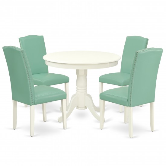 5Pc Round 36" Table And 4 Parson Chair, White Leg And Pu Leather Color Pond