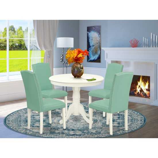 5Pc Round 36" Table And 4 Parson Chair, White Leg And Pu Leather Color Pond