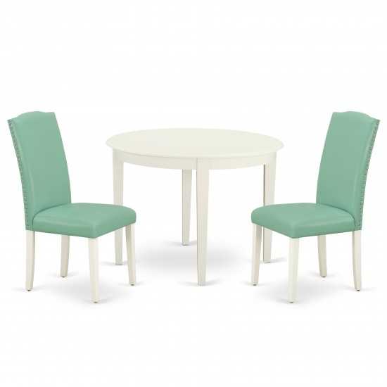 3Pc Round 42" Table And Two Parson Chair, White Leg And Pu Leather Color Pond