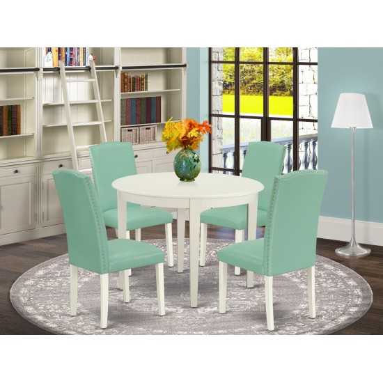 5Pc Round 42" Kitchen Table, Four Parson Chair, White Leg, Pu Leather Color Pond