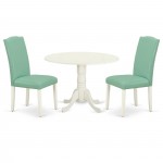 3Pc Round 42" Kitchen Table, Two 9-Inch Drop Leaves, Pair Of Parson Chair, Linen White Leg, Pu Leather Color Pond