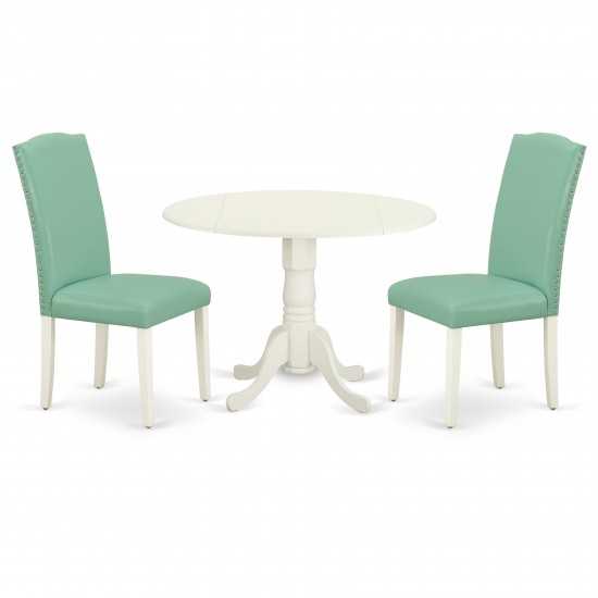 3Pc Round 42" Kitchen Table, Two 9-Inch Drop Leaves, Pair Of Parson Chair, Linen White Leg, Pu Leather Color Pond