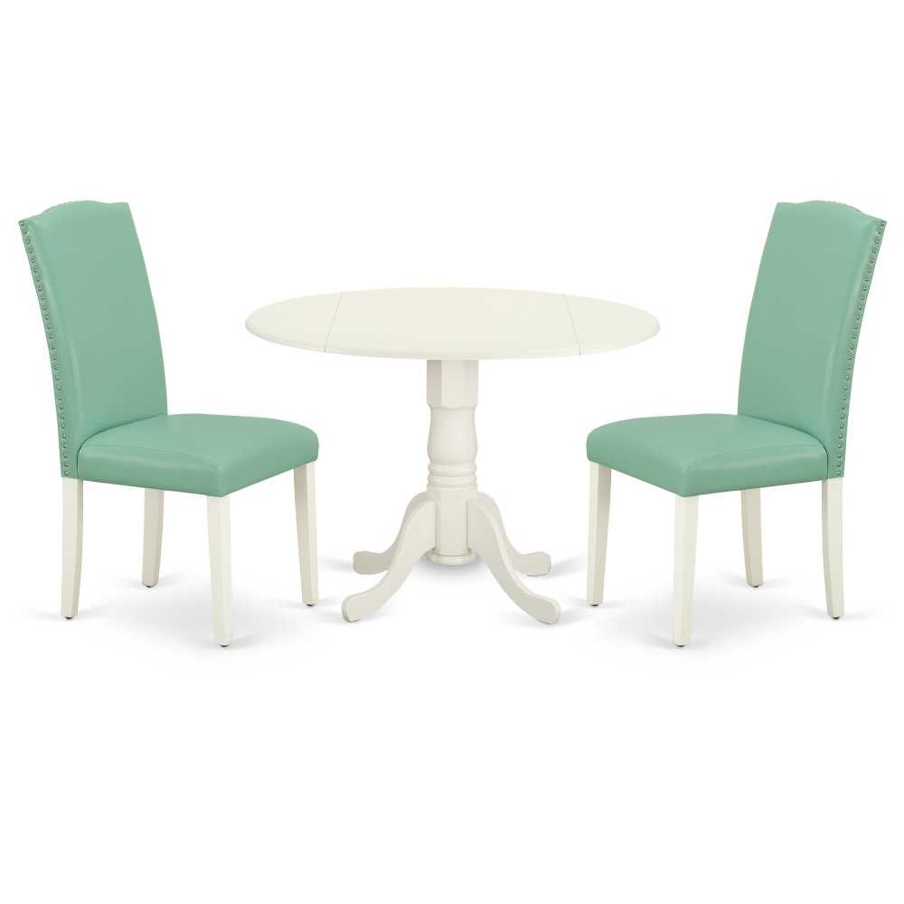 3Pc Round 42" Kitchen Table, Two 9-Inch Drop Leaves, Pair Of Parson Chair, Linen White Leg, Pu Leather Color Pond