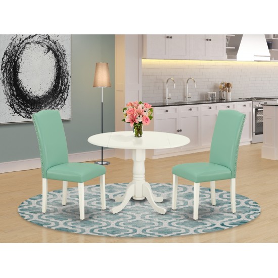 3Pc Round 42" Kitchen Table, Two 9-Inch Drop Leaves, Pair Of Parson Chair, Linen White Leg, Pu Leather Color Pond