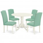 5Pc Round 42" Kitchen Table, Two 9-Inch Drop Leaves, Four Parson Chair, Linen White Leg, Pu Leather Color Pond