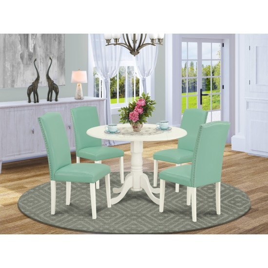 5Pc Round 42" Kitchen Table, Two 9-Inch Drop Leaves, Four Parson Chair, Linen White Leg, Pu Leather Color Pond