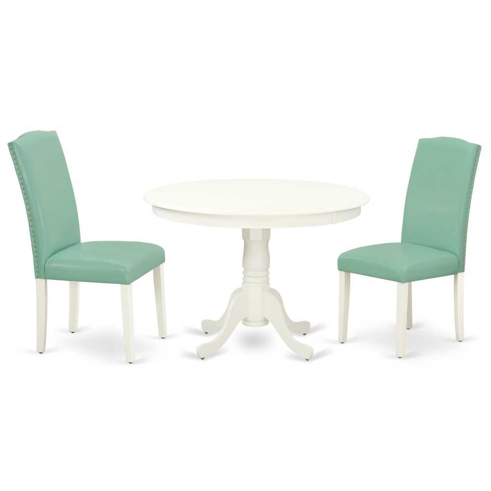 3Pc Round 42" Dining Table, Two Parson Chair, White Leg, Pu Leather Color Pond