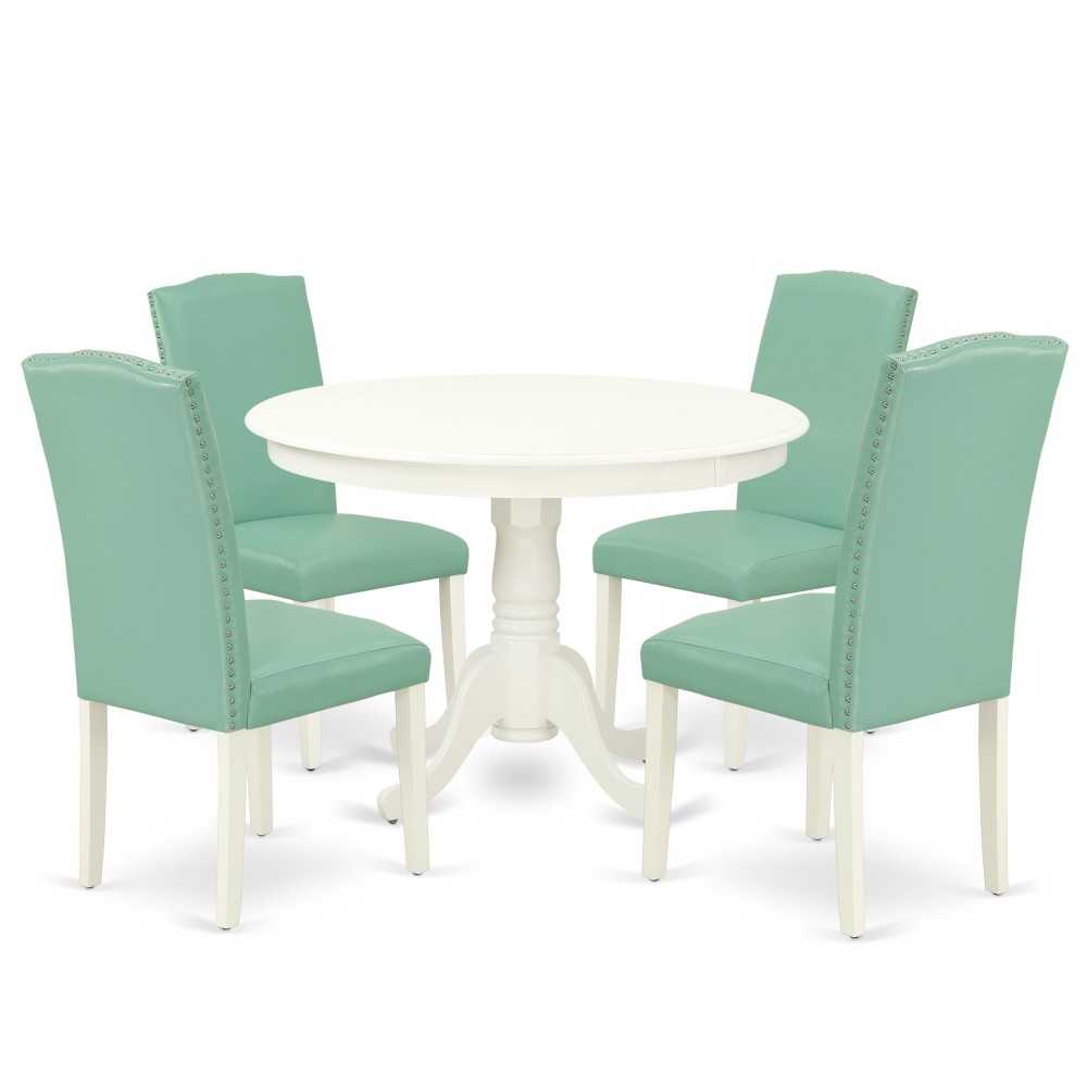 5Pc Round 42" Dinette Table, Four Parson Chair, White Leg, Pu Leather Color Pond