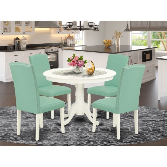 5Pc Round 42" Dinette Table, Four Parson Chair, White Leg, Pu Leather Color Pond