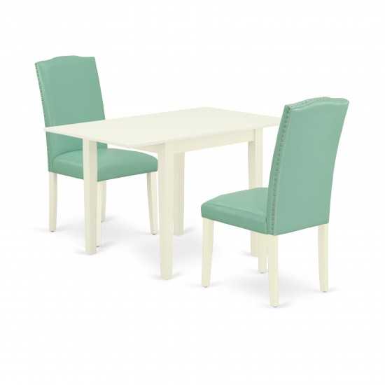 Dining Set 3 Pcs 2 Kitchen Chairs, Wood Table Linen White Finish Wood Pond Color Pu Leather