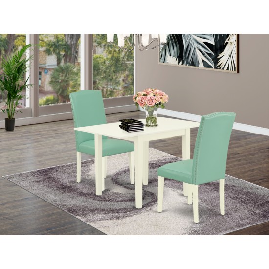 Dining Set 3 Pcs 2 Kitchen Chairs, Wood Table Linen White Finish Wood Pond Color Pu Leather