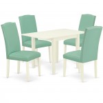 Dining Set 5 Pcs, 4 Kitchen Chairs, Table, Linen White Finish Hardwood, Pond Color Pu Leather