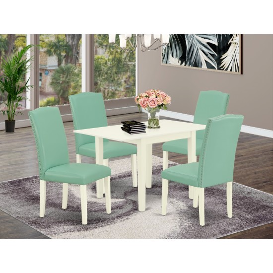 Dining Set 5 Pcs, 4 Kitchen Chairs, Table, Linen White Finish Hardwood, Pond Color Pu Leather