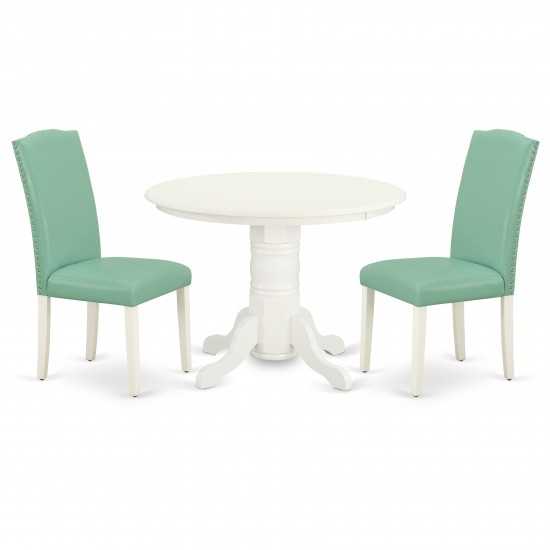 3Pc Round 42" Dinette Table, Pair Of Parson Chair, Linen White Leg, Pu Leather Color Pond