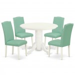 5Pc Rounded 42" Dining Table, Four Parson Chair, White Leg, Pu Leather Color Pond