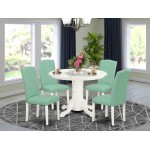 5Pc Rounded 42" Dining Table, Four Parson Chair, White Leg, Pu Leather Color Pond