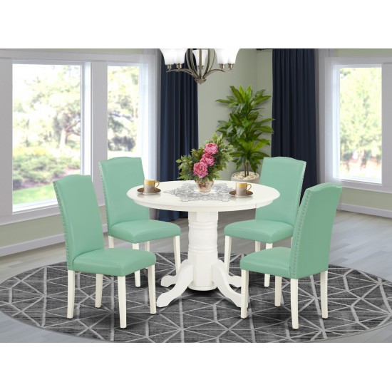 5Pc Rounded 42" Dining Table, Four Parson Chair, White Leg, Pu Leather Color Pond