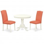 3Pc Rounded 36" Dining Table, 2 Parson Chair, Linen White Leg, Pu Leather Color Pink Flamingo