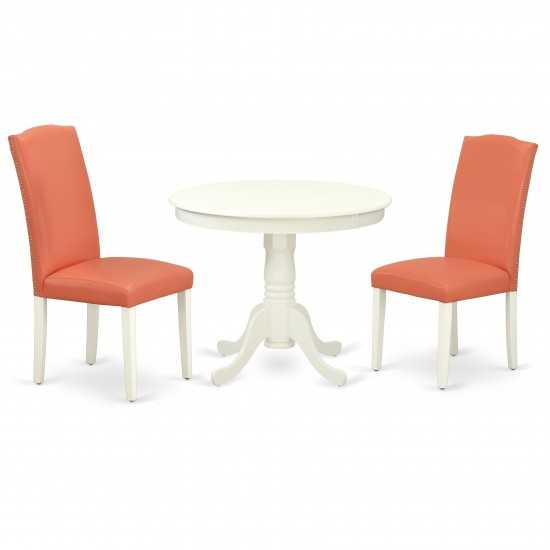 3Pc Rounded 36" Dining Table, 2 Parson Chair, Linen White Leg, Pu Leather Color Pink Flamingo