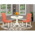 3Pc Rounded 36" Dining Table, 2 Parson Chair, Linen White Leg, Pu Leather Color Pink Flamingo