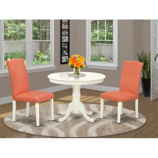 3Pc Rounded 36" Dining Table, 2 Parson Chair, Linen White Leg, Pu Leather Color Pink Flamingo