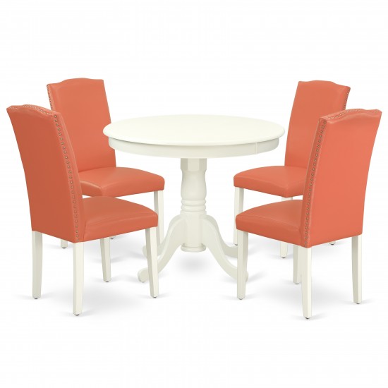 5Pc Round 36" Table, 4 Parson Chair, White Leg, Pu Leather Color Pink Flamingo