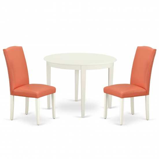 3Pc Round 42" Table, Two Parson Chair, White Leg, Pu Leather Color Pink Flamingo