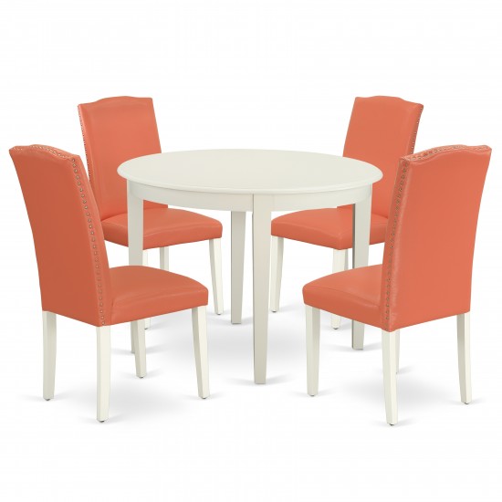 5Pc Round 42" Kitchen Table, Four Parson Chair, Linen White Leg, Pu Leather Color Pink Flamingo