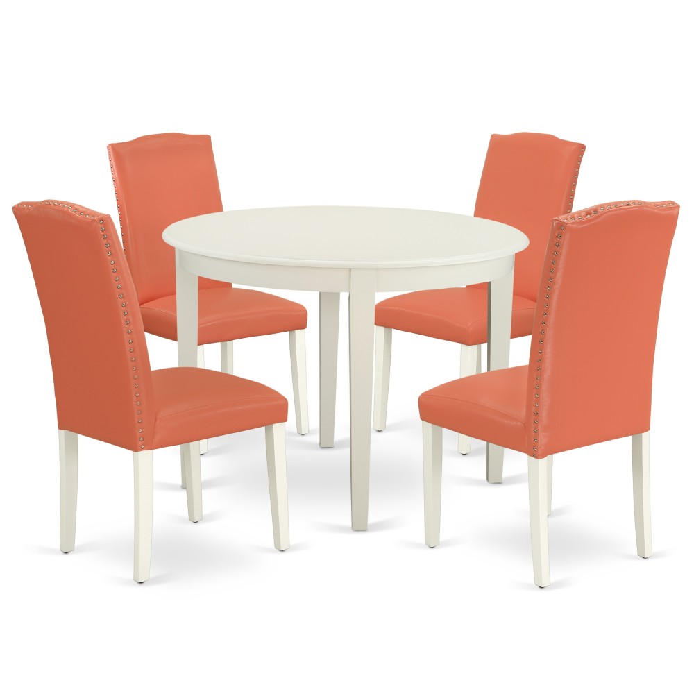 5Pc Round 42" Kitchen Table, Four Parson Chair, Linen White Leg, Pu Leather Color Pink Flamingo