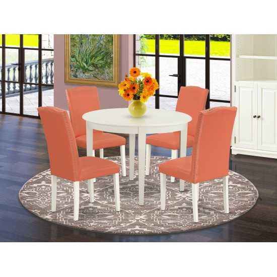 5Pc Round 42" Kitchen Table, Four Parson Chair, Linen White Leg, Pu Leather Color Pink Flamingo