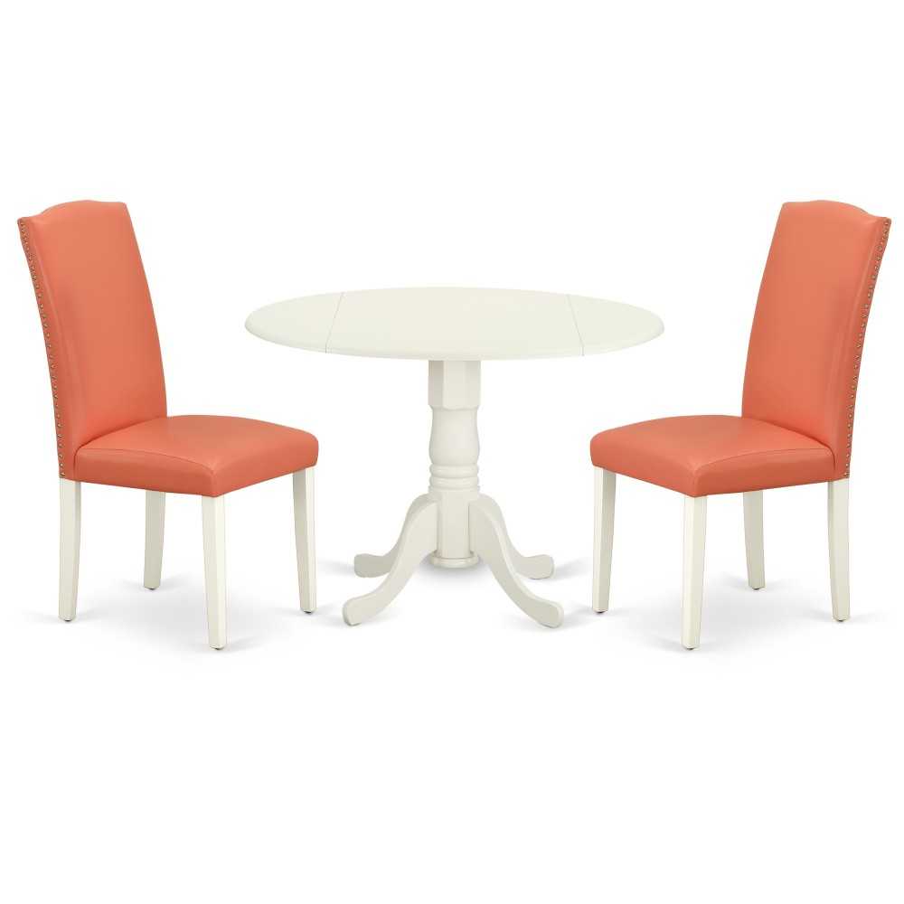 3Pc Round 42" Kitchen Table, Two 9-Inch Drop Leaves, Pair Of Parson Chair, Linen White Leg, Pu Leather Color Pink Flamingo