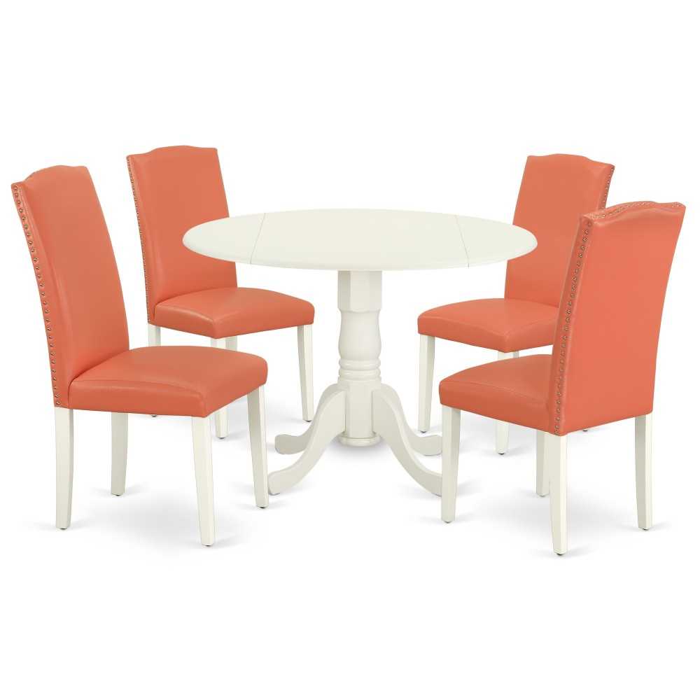 5Pc Round 42" Kitchen Table, Two 9-Inch Drop Leaves, Four Parson Chair, Linen White Leg, Pu Leather Color Pink Flamingo