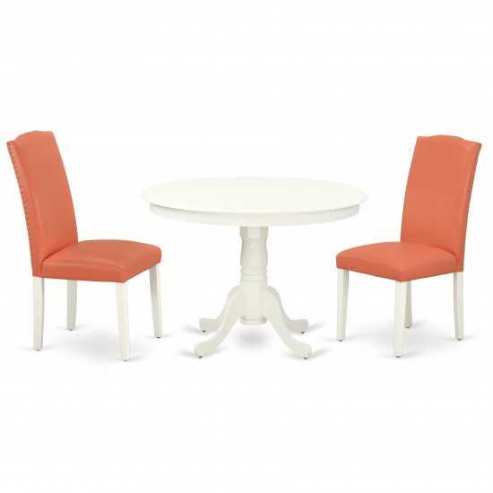 3Pc Rounded 42" Dining Table, 2 Parson Chair, Linen White Leg, Pu Leather Color Pink Flamingo