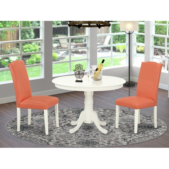 3Pc Rounded 42" Dining Table, 2 Parson Chair, Linen White Leg, Pu Leather Color Pink Flamingo