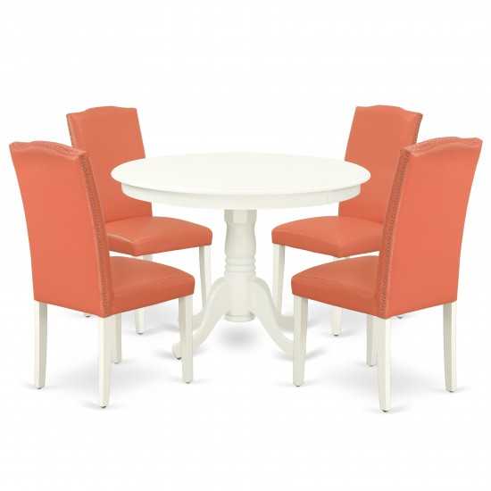 5Pc Round 42" Dinette Table, Four Parson Chair, Linen White Leg, Pu Leather Color Pink Flamingo