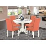 5Pc Round 42" Dinette Table, Four Parson Chair, Linen White Leg, Pu Leather Color Pink Flamingo