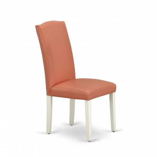 5Pc Round 42" Dinette Table, Four Parson Chair, Linen White Leg, Pu Leather Color Pink Flamingo