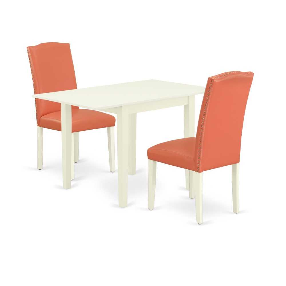 Dining Set 3 Pcs, Two Chairs, Table, Linen White Finish Hardwood, Pink Flamingo Color Pu Leather