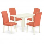 Dining Set 5 Pcs – Four Chairs, Table, Linen White Finish Hardwood, Pink Flamingo Color Pu Leather