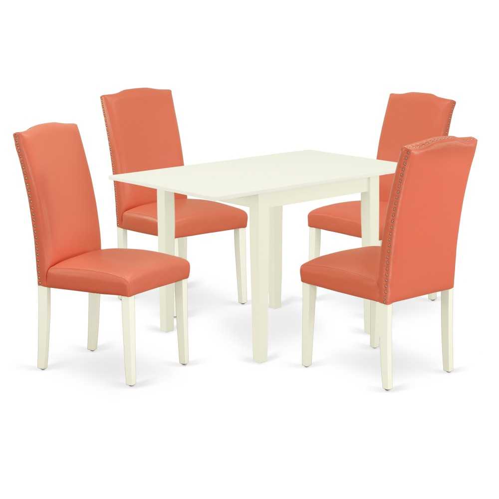 Dining Set 5 Pcs – Four Chairs, Table, Linen White Finish Hardwood, Pink Flamingo Color Pu Leather