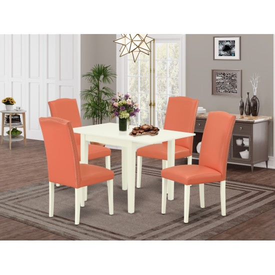 Dining Set 5 Pcs – Four Chairs, Table, Linen White Finish Hardwood, Pink Flamingo Color Pu Leather